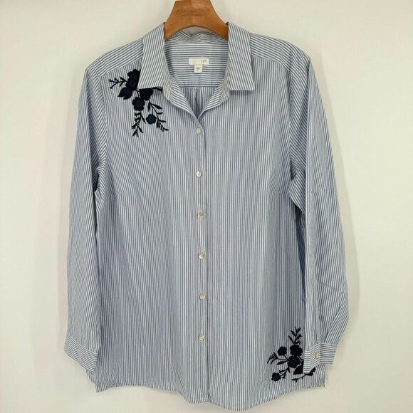 J Jill Womens Blue Striped Embroidered Button Front Long Sleeve Shirt Size Large - Picture 3 of 10